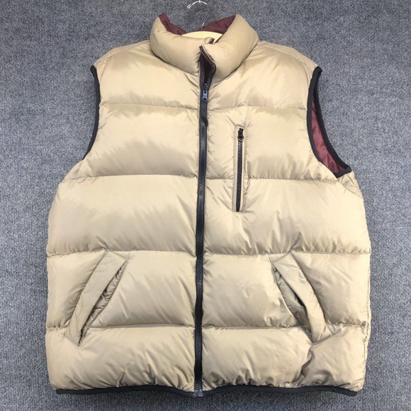 Old Navy Men's Zip Up Reversible Down Puffer Vest Red Tan Large Mock Neck - Picture 11 of 16